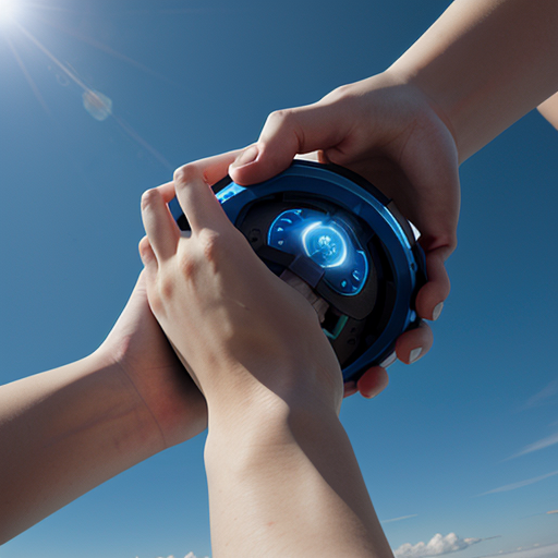 A blue-sky moment of creative exploration, merging a human hand with a machine mind.